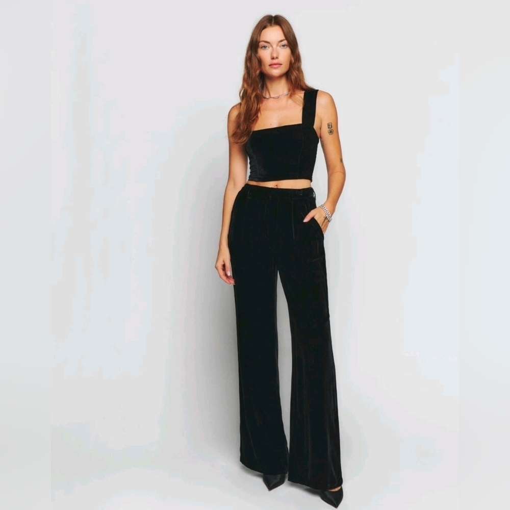 Reformation Petites Wes Black Velvet Wide-Leg Pants Trousers